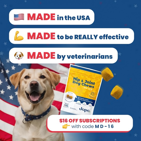 A square-format static ad highlighting product efficacy and veterinary backing with a clear discount call-to-action.